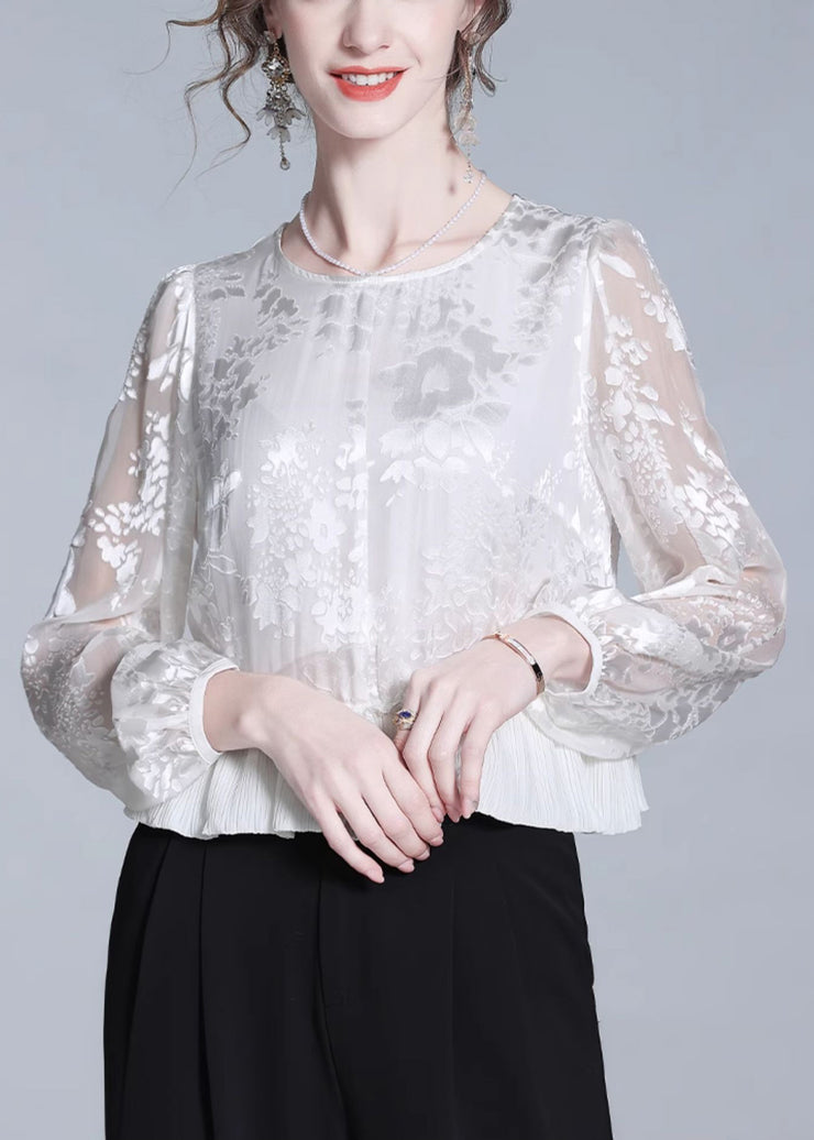 Jacquard White Ruffled Zippered Silk Tops Fall