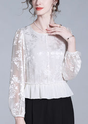 Jacquard White Ruffled Zippered Silk Tops Fall