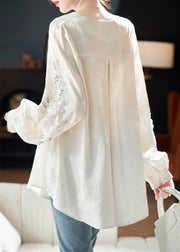 Jacquard White Sequins Nail bead Chiffon Tops Long Sleeve