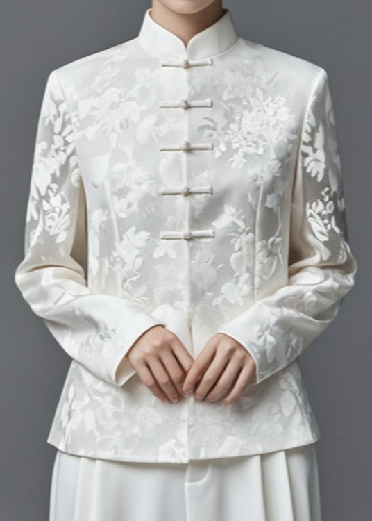 Jacquard White Stand Collar Button Thin Silk Cotton Coats Fall