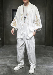 Jacquard White V Neck Pockets Ice Silk Men Two Pieces Set Spring