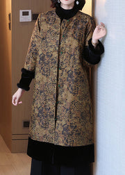 Jacquard Yellow Fur Collar Button Cotton Filled Long Coats Winter