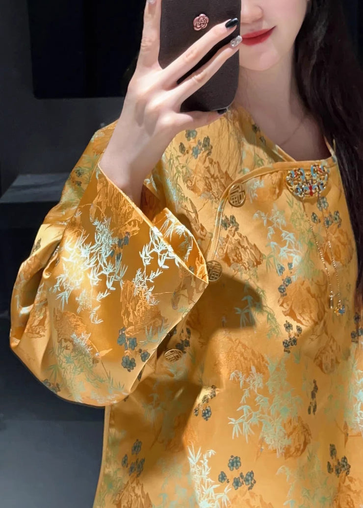 Jacquard Yellow O Neck Button Silk Shirt Long Sleeve