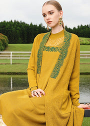 Jacquard Yellow Patchwork Wool Knit Cardigan Fall