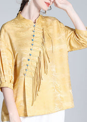 Jacquard Yellow Stand Collar Button Silk Shirt Long Sleeve