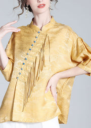 Jacquard Yellow Stand Collar Button Silk Shirts Spring