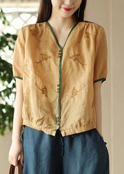 Jacquard Yellow V Neck Button Ramie Shirt Summer