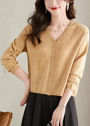 Jacquard Yellow V Neck Button Solid Knit Cardigan Fall