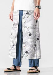 Japanese Casual Peacock Blue Oriental Print Cotton Men Pants Summer