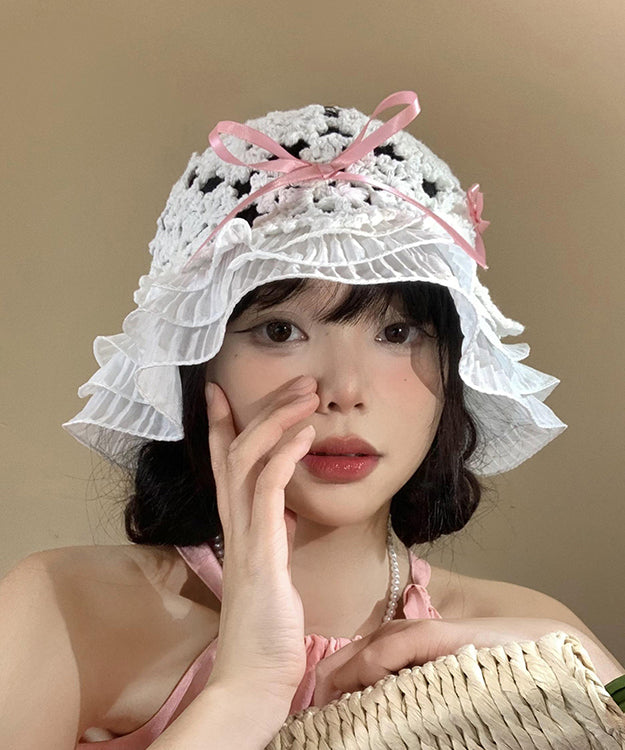 Japanese Style Knitted Hollow Out Bow Ruffled Bucket Hat