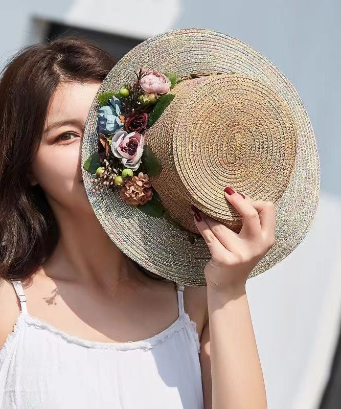 Japanese Vacation Style Flower Flat Top Straw Woven Hat