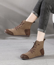 Khaki Boots Art Splicing Cowhide Leather Comfy Cross Strap Boots