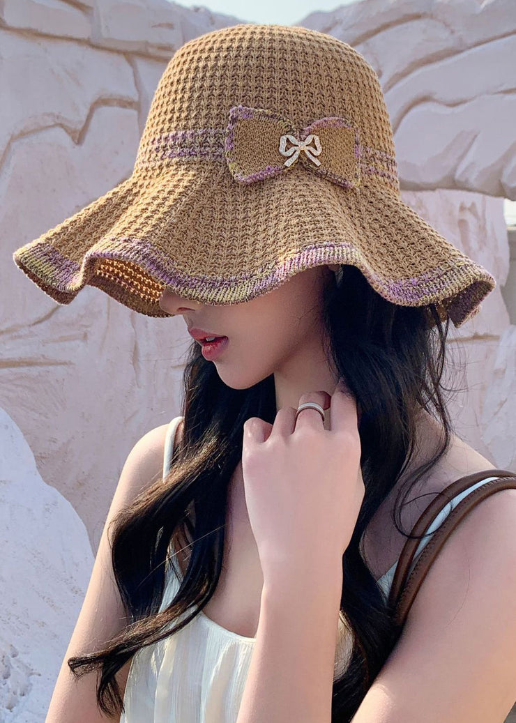 Khaki Bow Patchwork Knit Hollow Out Bucket Hat