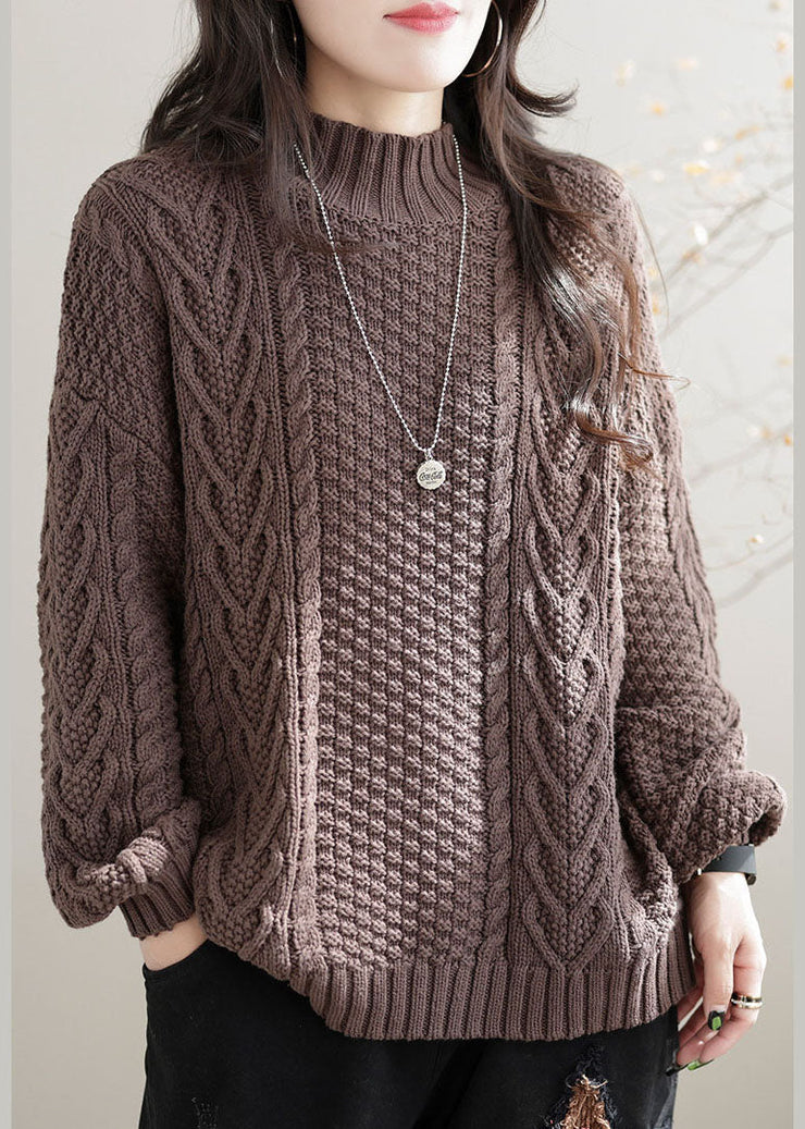 Khaki Cable Knit Sweater Tops High Neck Oversized Winter