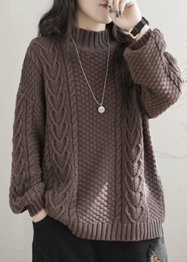 Khaki Cable Knit Sweater Tops High Neck Oversized Winter