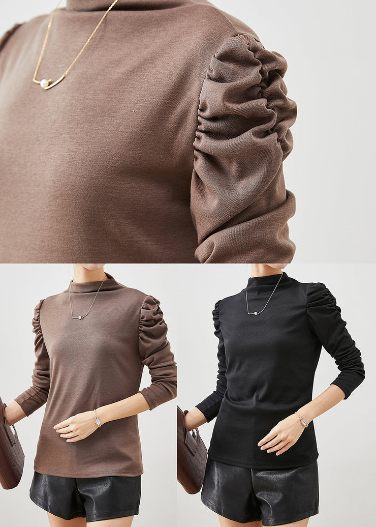 Khaki Cotton Shirt Top Stand Collar Puff Sleeve