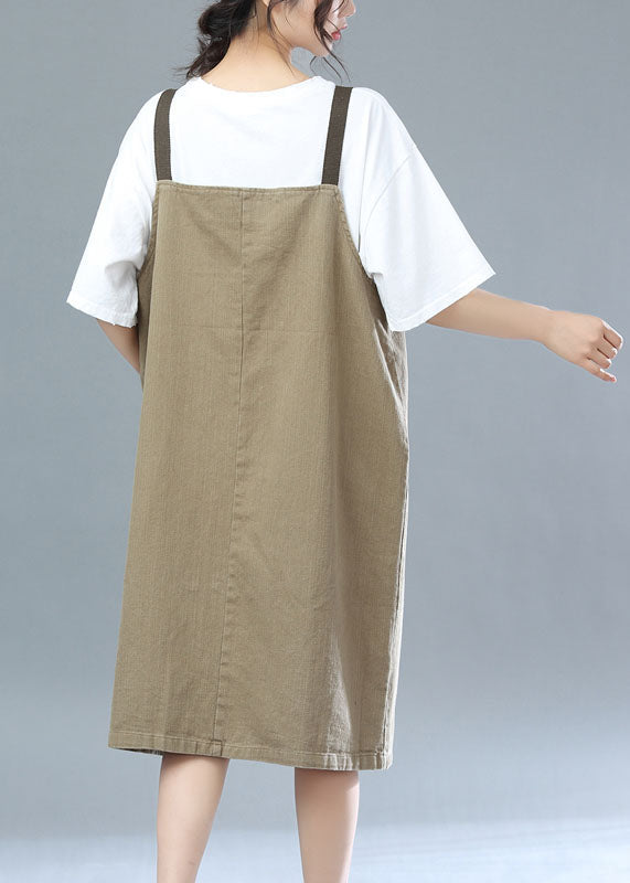 Khaki Cotton Suspender Dresses Zip Up Summer