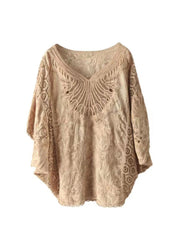 Khaki Cotton T Shirt Tops V Neck Embroideried Batwing Sleeve