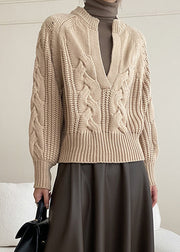 Khaki Cozy Solid Knit Sweaters V Neck Fall