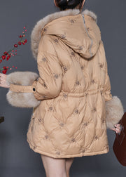 Khaki Duck Down Down Coats Fur Collar Embroideried Winter