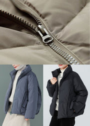 Khaki Duck Down Puffer Jacket Stand Collar Zip Up Drawstring Long Sleeve