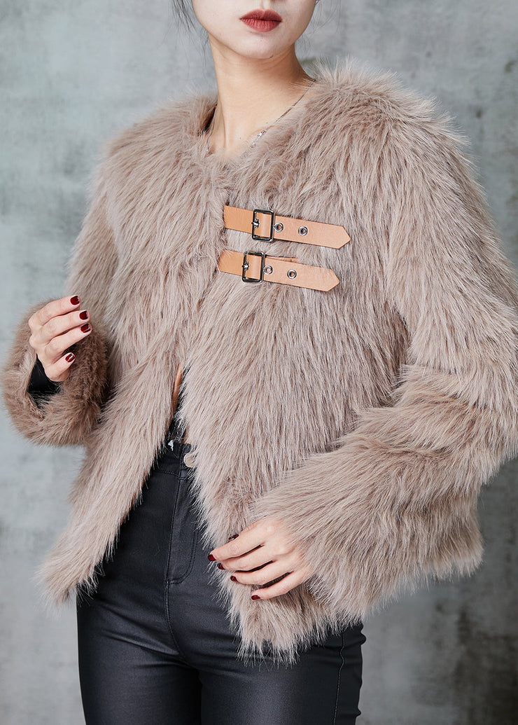 Khaki Faux Fur Jacket Oversized Side Open Winter