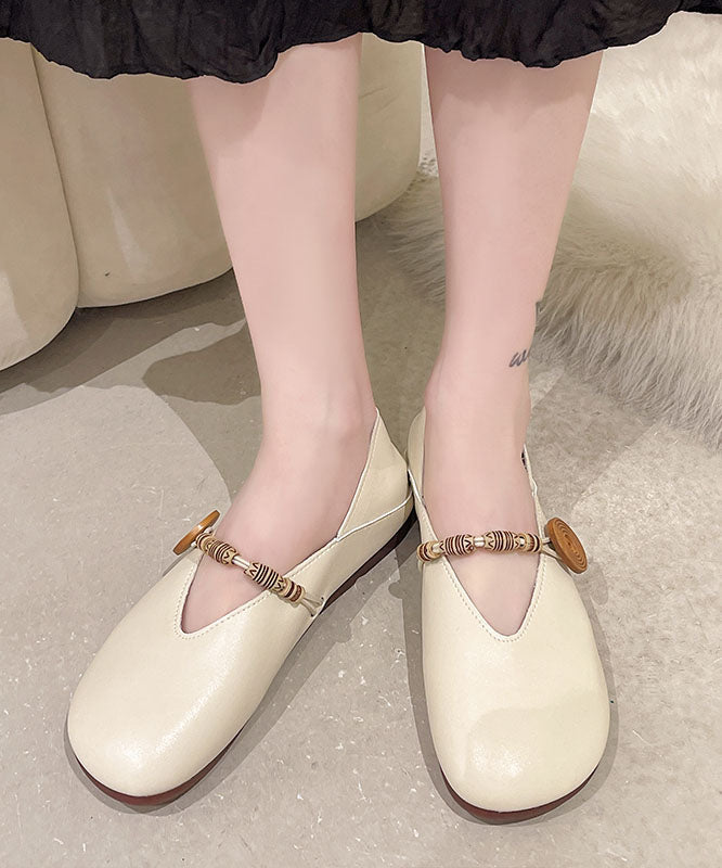 Khaki Flats Cowhide Leather Comfy Buckle Strap Flat Feet Shoes