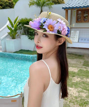 Khaki Flower Summer Beach Straw Woven Cloche Hat