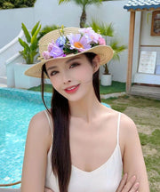 Khaki Flower Summer Beach Straw Woven Cloche Hat