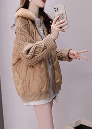 Khaki Fur Collar Zippered Knit Patchwork Parka Winter