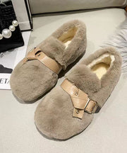 Khaki Fuzzy Fur Flat Shoes Soft Comfy Splicing Buckle Strap