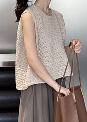 Khaki Hollow Out Cozy Loose Knit Vest O Neck Fall