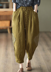 Khaki Lace Patchwork Linen Crop Pants Elastic Waist Solid Fall