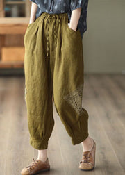 Khaki Lace Patchwork Linen Crop Pants Elastic Waist Solid Fall