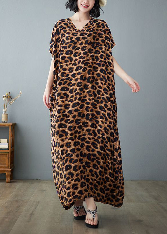 Khaki Leopard Print Linen Holiday Dress V Neck Summer