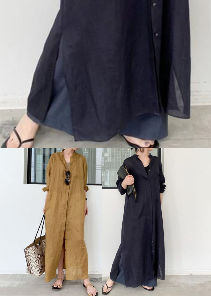 Khaki Linen Long Dresses Stand Collar Oversized Spring