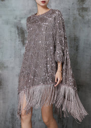 Khaki Loose Cotton Dresses Tasseled Sequins Spring