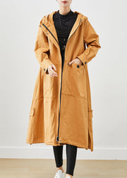 Khaki Loose Cotton Trench Coats Hooded Pockets Fall