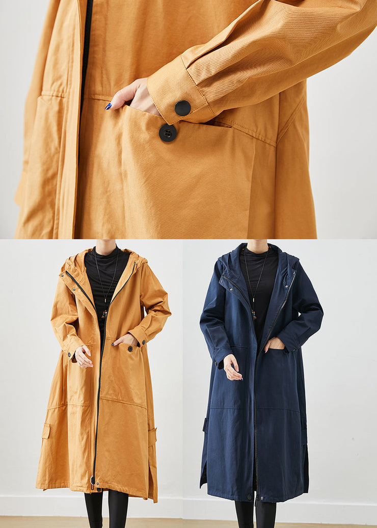 Khaki Loose Cotton Trench Coats Hooded Pockets Fall