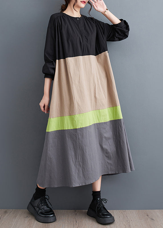 Khaki Loose Patchwork Cotton Long Dresses O Neck Fall