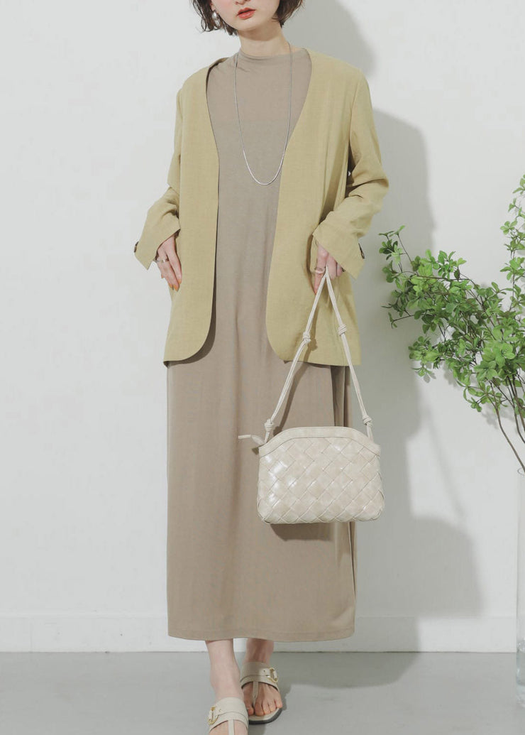 Khaki O-Neck Solid Maxi Dress Summer