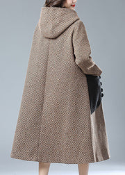 Khaki Oriental Woolen Trench Oversized Hooded Pockets Winter