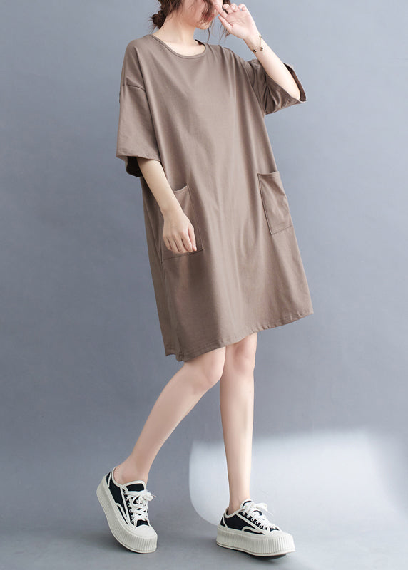 Khaki Oversized Cotton Dress O-Neck Pockets Summer