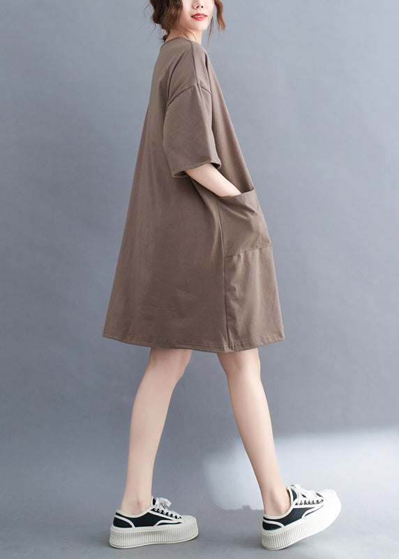 Khaki Oversized Cotton Dress O-Neck Pockets Summer