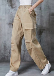 Khaki Oversized Cotton Pants Drawstring Pockets Summer