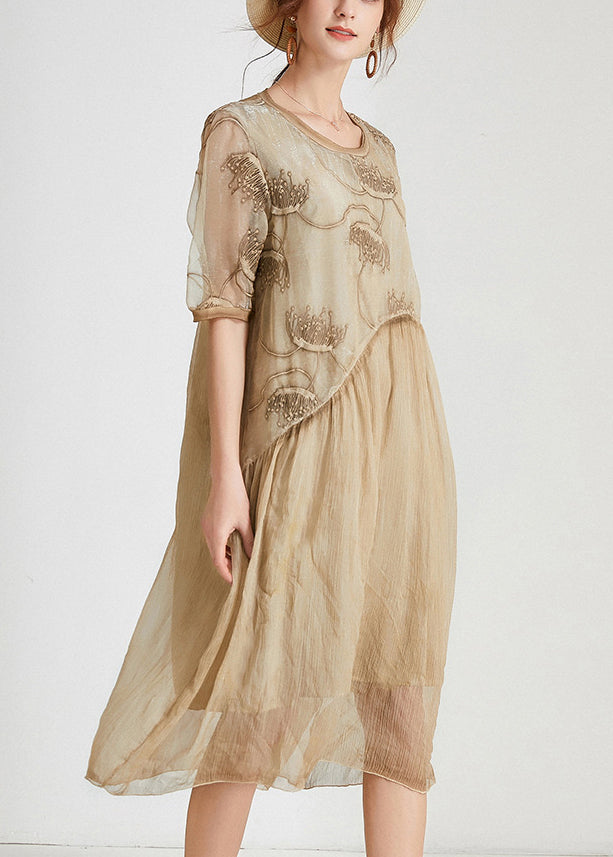 Khaki Patchwork Chiffon Long Dresses O Neck Short Sleeve