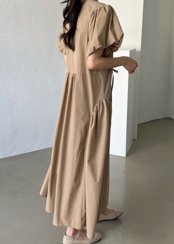 Khaki Patchwork Cotton Dresses Wrinkled Puff Sleeve