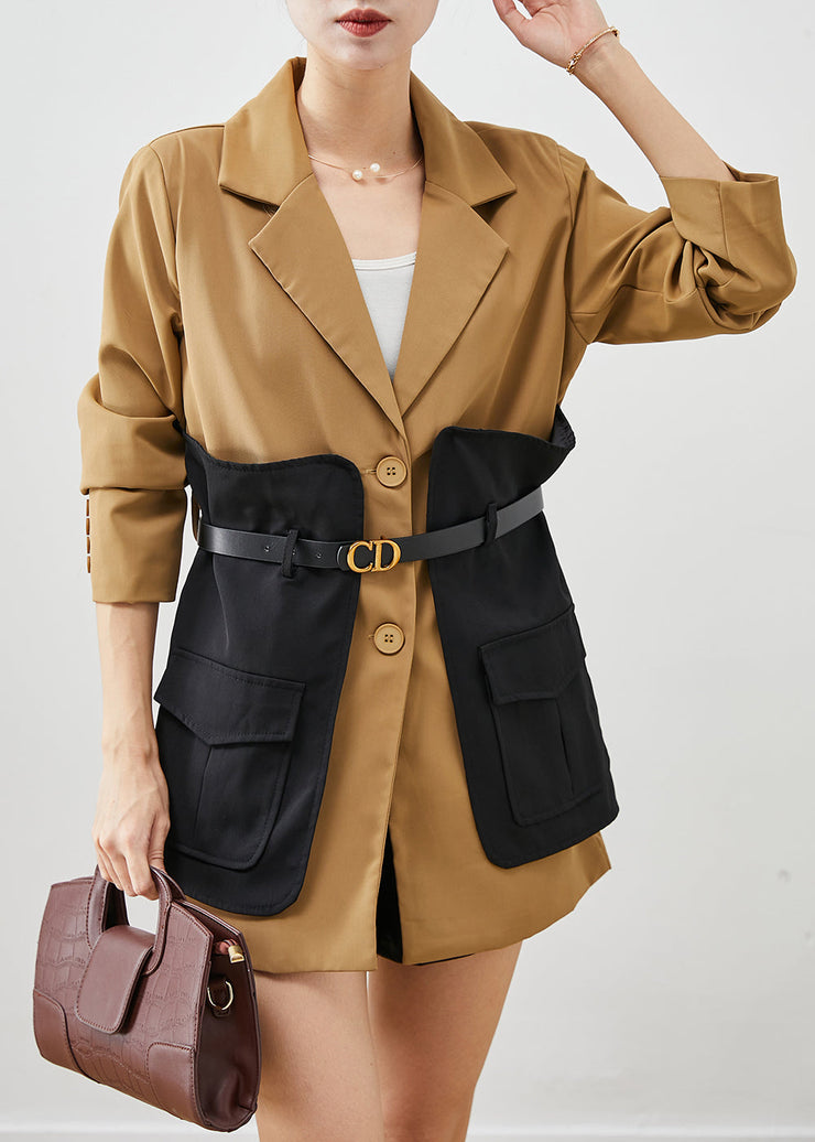 Khaki Patchwork Cotton Filled Coat Peter Pan Collar Fall