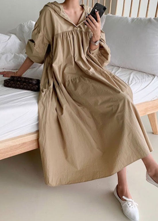 Khaki Patchwork Cotton Long Dresses Wrinkled Puff Sleeve