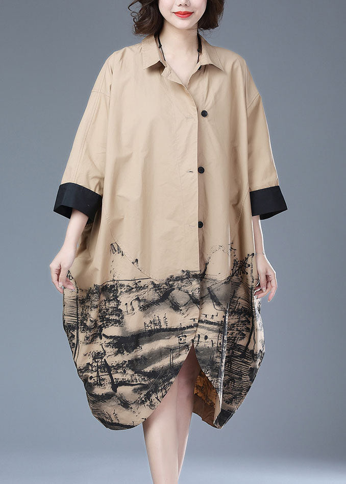 Khaki Patchwork Cotton Long Trench Coat Peter Pan Collar Print Button Bracelet Sleeve